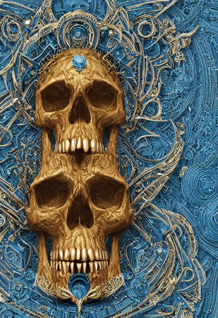 Image similar to 3d render ultra detailed of a skull, art deco, intricate gears details, hyperrealistic, ultra detailed, elegant, octane render, blue and gold, 8k, trending on Artstation, unreal engine