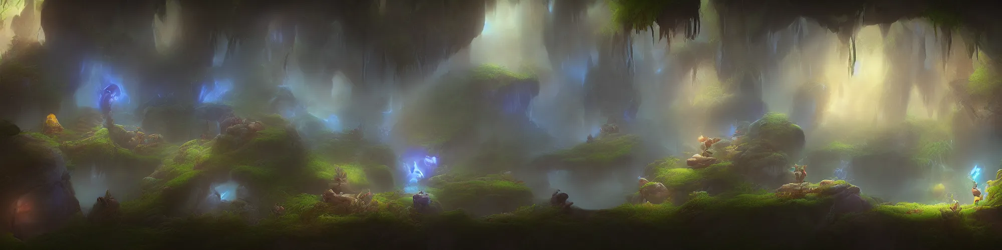 Image similar to huge stone cave with cinematic lighting in the style of ori and the blind forest, highly detailed, digital art 4k, 8k