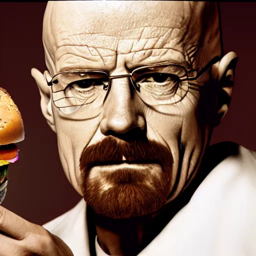 Prompt: walter white observing a hamburger with lens focusing, hd 4 k photo