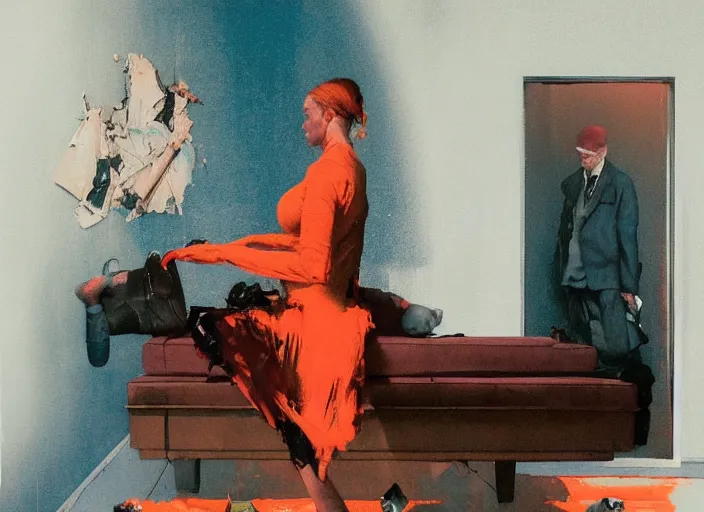 Image similar to a still from the movie million dollar baby nest by francis bacon and norman rockwell and james jean, and mark brooks, triadic color scheme, by greg rutkowski, syd mead and edward hopper and norman rockwell and beksinski, dark surrealism, orange and turquoise