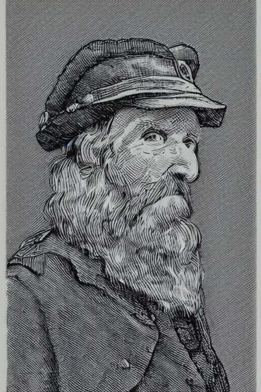 Image similar to a CMYK Risograph print of a grizzled old sea captain