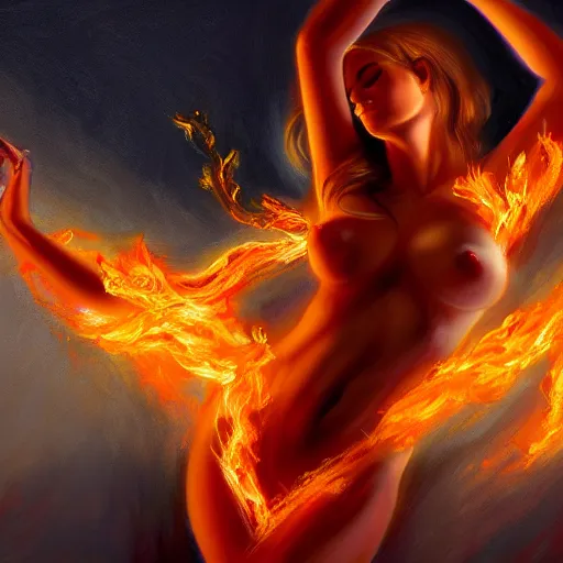 Image similar to A beautiful painting of a goddess with a body made of flames, fantasy, UHD, Trending on artstation.