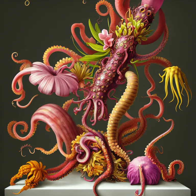 Image similar to still life of tropical flowers, alien squid, octopus, pastel tropical flowers, surreal alien ribbed tropical fruit, white human spine, baroque painting, beautiful detailed intricate insanely detailed octane render trending on Artstation, 8K artistic photography, photorealistic, chiaroscuro, Raphael, Caravaggio