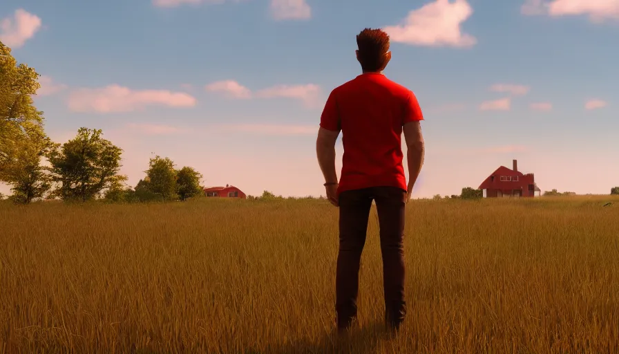 Image similar to back view of a man with red shirt and brown hair looking the sun in the field, wood on the left, houses on the right, hyperdetailed, artstation, cgsociety, 8 k