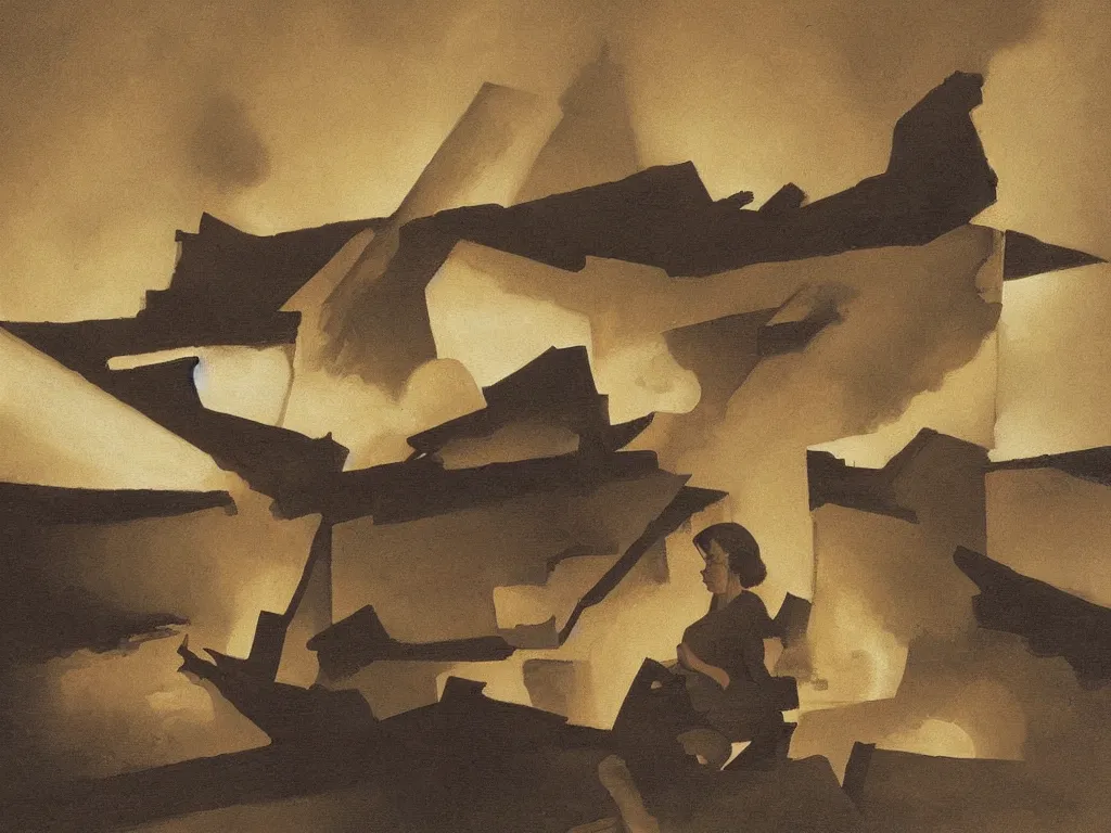 Prompt: Woman looking at her home burning. Charred wood beams, thick smoke. Melancholic landscape, stars. Painting by Kay Sage, Georges de la Tour