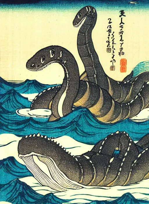 Prompt: the loch ness monster, plesiosaur, as a yokai illustrated by kawanabe kyosai and toriyama sekien
