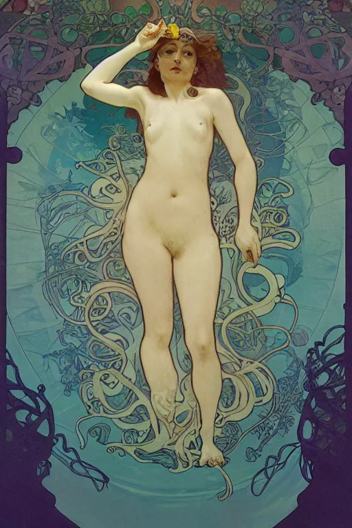 Image similar to summer swimming party, body horror, composition by alphonse mucha, octane render
