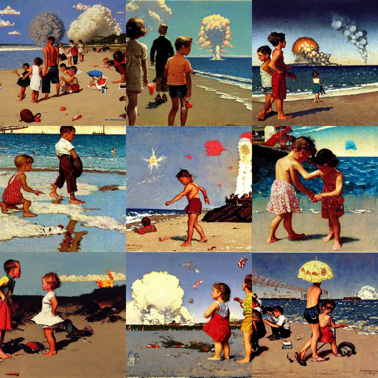 Prompt: kids playing at the beach, atomlc explosion in the background, by norman rockwell, oil on canvas,