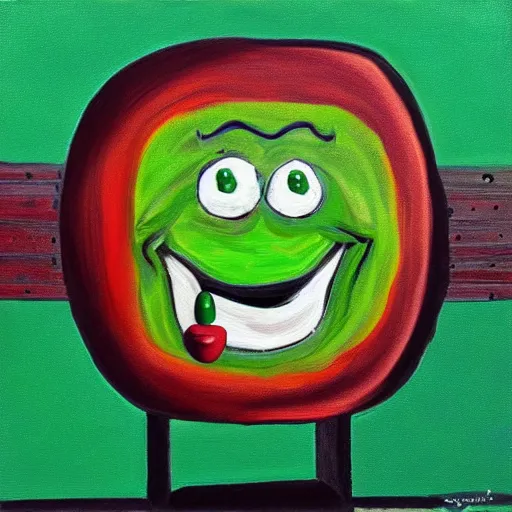 Prompt: the green M&M sitting in a jail cell, surrealist painting