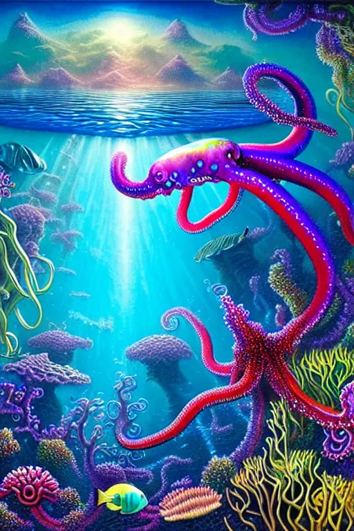 Prompt: a photorealistic detailed image of a beautiful vibrant iridescent underwater seascape of full of colorful aquatic plants and octapus, spiritual science, divinity, utopian, by david a. hardy, hana yata, kinkade, lisa frank,
