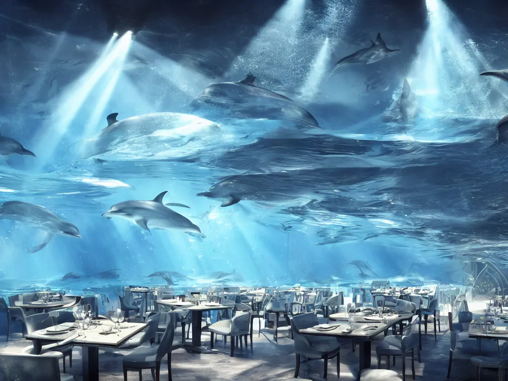 Prompt: Futuristic restaurant under water with dolphins and people inside. Rays of light shines through the water and dust clouds everywhere. Cinematic, ArtStation, realistic photograph, ambient, rays, lens flares. Unreal Engine, Blender, Maya, rendered by Octane, Arnold.