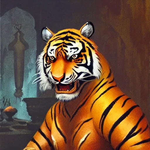 Prompt: head and shoulders portrait of a tiger rakshasa in a luxurious indian setting, d & d, fantasy, greg rutkowski, frank frazetta, alexandre chaudret, boris vallejo, michael whelan, miro petrov, hr giger, magali villeneuve, donato giancola