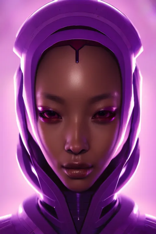 Image similar to beautiful portrait of friendly attractive alien cyborg, style of Feng Zhu, Artstation geometric, aesthetic, smooth skin, unique features, symmetrical, intricate crown, high fashion, streetwear, cyberpunk, detailed, octane render, cinematic, 8k, purple skin, brown skin