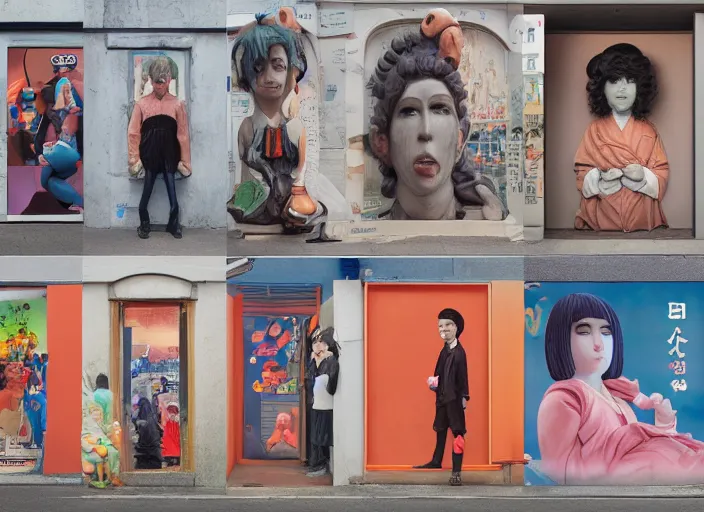 Prompt: people made of plastic and clay, 3 d, exterior street, neon japanese advertisements, portrait face, matt murphy, jeremy enecio, monet, cynical realism, john william godward, yoshitaka amano, miles johnston, louise zhang, matt murphy, enes dirig, pekka halonen, finnish naturalism, realism