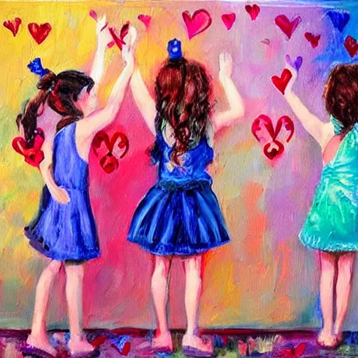 Image similar to art decor image of girls having fun at a party realistic painting with hearts in the air