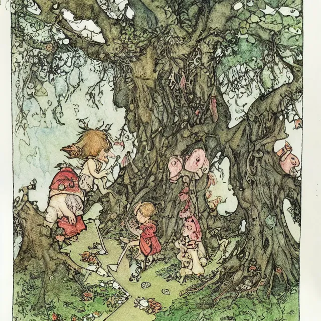 Prompt: a detailed, intricate watercolor and ink portrait illustration with fine lines, of goblins and fairies playing hopscotch on the mossy ground reading under a gnarled tree, by arthur rackham and edmund dulac and ted nutall and mucha