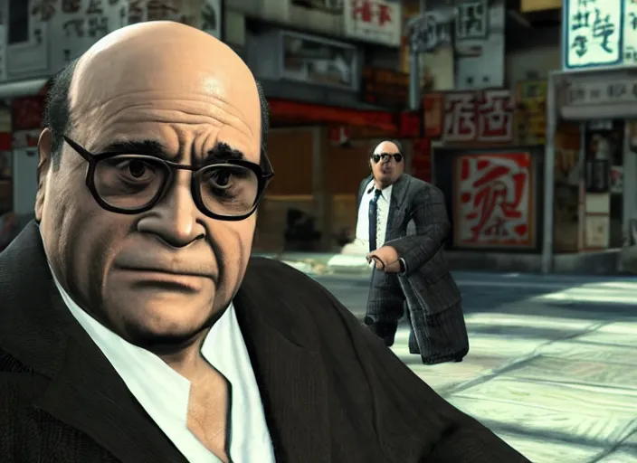 Image similar to video game still of danny devito in the video game yakuza zero,