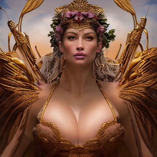 Image similar to A digital masterpiece illustration concept art of giant porcelain statue of Sofia Vergara as a greek goddess its top in the heaven, beautiful eyes, symmetrical face, symmetrical body, taiga landscape + inspired art by mark brooks, peter kemp + Extremely detailed and intricate complexity + epic composition, magical atmosphere, cinematic lighting + wide long shot, wide angle + trending on artstation + 8k