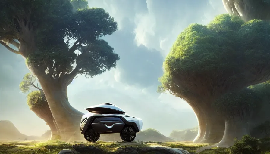 Prompt: a futuristic suv designed by pininfarina driving through madagascar with baobabs trees, artgerm and greg rutkowski and alphonse mucha, an epic fantasy, volumetric light, detailed, establishing shot, an epic fantasy, trending on art station, octane render, midsommar