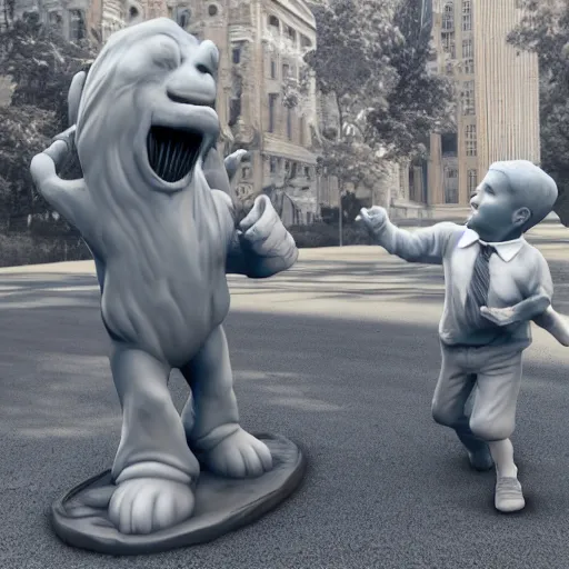Image similar to a statue of joe biden chasing a child, octane render, 3 d render, 4 k, hyper realistic, super detailed.
