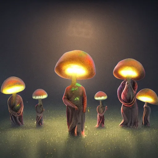 Image similar to mushroom cult, ritual, volumetric lighting, digital artwork, trending on art station, vignette, runic symbols, eerie