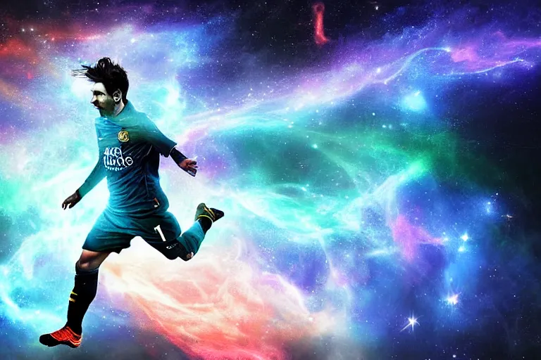 Image similar to a cosmic bioluminescent lionel messi jumping through a space nebula leaving stardust trails behind him, digital art, photorealistic