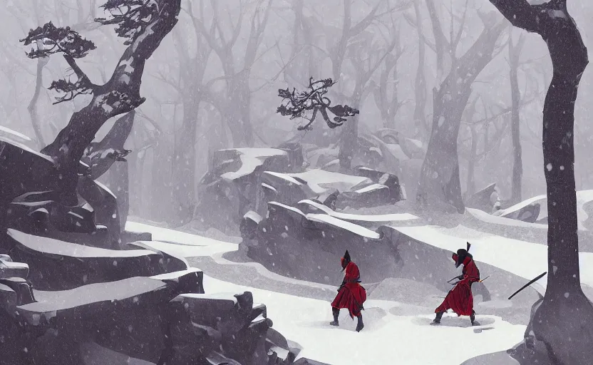 Prompt: a ancient chinese warrior scene in the snowy forest illustration by atey ghailan and escher and edward hopper