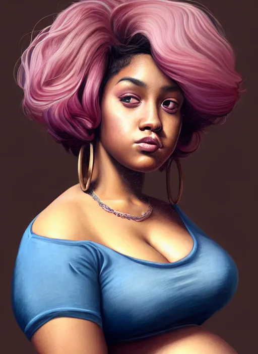 Image similar to full body portrait, teenage vanessa morgan, pink hair, brown skin, obese, curly pixie hair, sultry, realistic, short hair, hoop earrings, skirt, shirt, fat, belly, intricate, elegant, highly detailed, digital painting, artstation, concept art, smooth, sharp focus, illustration, art by wlop, mars ravelo and greg rutkowski