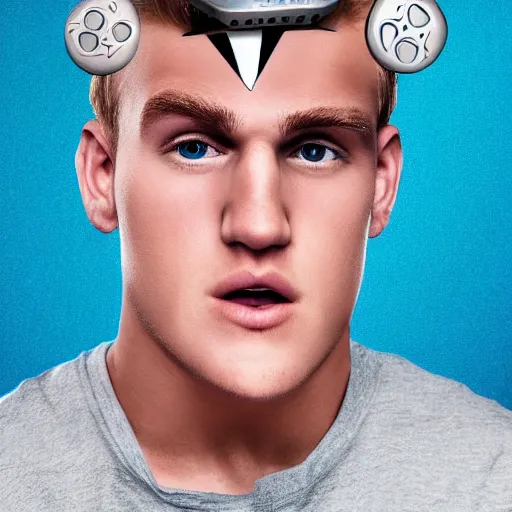 Image similar to a realistic detailed photo of boxer & youtuber jake paul with a mind control chip on his head, blank stare, shiny skin, becoming a mindless robot