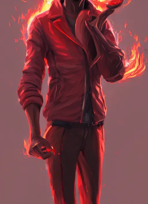 Image similar to a highly detailed illustration of attractive young african guy with flat top hair wearing red jacket, dramatic standing holding fire in hand pose, intricate, elegant, highly detailed, centered, digital painting, artstation, concept art, smooth, sharp focus, league of legends concept art, wlop