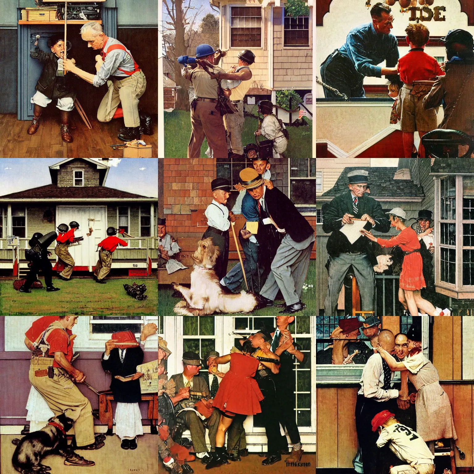 Image similar to a Norman Rockwell painting of a house getting swatted