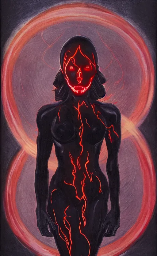 Image similar to Woman made of black flames, wearing a strict business suit, business casual, with no face, with glowing red eyes, with a red halo over her head, by Annie Swynnerton and Nicholas Roerich, madness combat, strong dramatic cinematic lighting , blood red sky, grey skin, smooth, sharp focus, extremely detailed