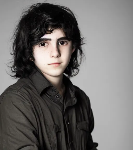 Image similar to an 8 5 mm professional portrait of nico di angelo, a 1 5 year old boy with pale olive skin, black sullen eyes, long black hair, a reluctant smile, detailed professional photography, night lighting, defiant, ghosts theme, volumetric lighting