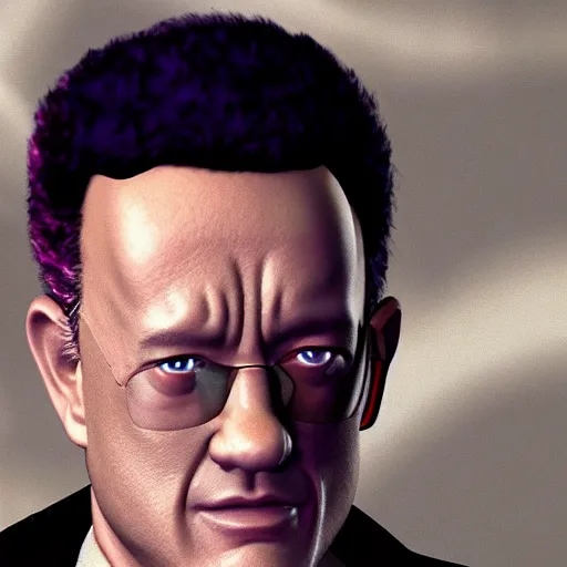 Image similar to a highly detailed matte portrait of tom hanks as a sam fischer, spy novel by tom clancy, unreal engine, volumetric lighting, exquisite detail, 8 k, in a vaporwave and aetherpunk style