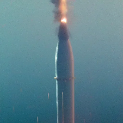 Image similar to “a failed ICBM middle launch 🚀 in the middle of the ocean at night time. The middle is exploding spectacularly and raining down burning pieces of debris.”