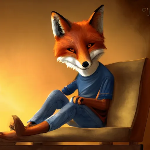 Image similar to an anthropomorphic fox wearing a t-shirt and jeans sitting on a couch, 8k resolution matte fantasy painting, cinematic lighting, DeviantArt, Artstation, furry, anthro, anthropomorphic, furaffinity