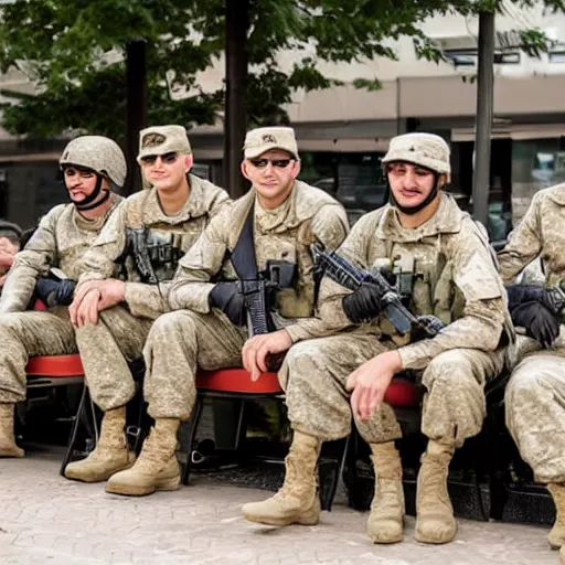 Image similar to a group of special forces soldiers sitting at the cafe and drinking coffee