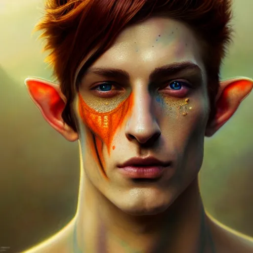 Prompt: portrait painting of an elven eladrin young man with short light orange hair and freckles and tribal tattoos on his cheekbones, ultra realistic, concept art, intricate details, eerie, highly detailed, photorealistic, octane render, 8 k, unreal engine. art by artgerm and greg rutkowski and charlie bowater and magali villeneuve and alphonse mucha