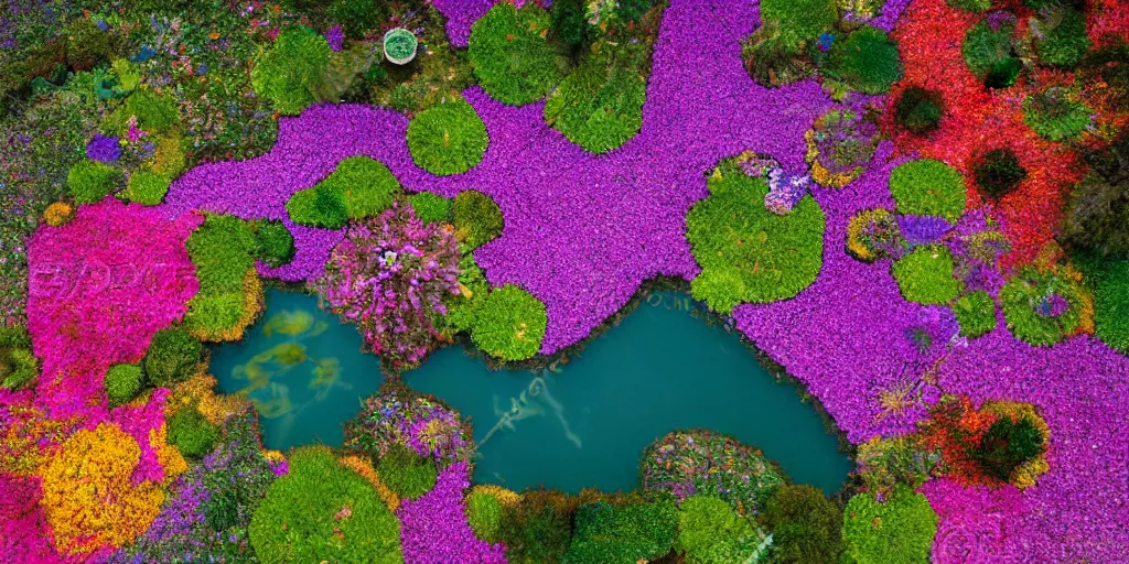 Prompt: aerial view of a beautiful pond covered with vibrant carpet of lilies and lotus flowers, shimmering fairytale atmosphere, god's rays