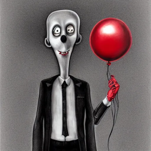 Image similar to surrealism grunge cartoon portrait sketch of slender man with a wide smile and a red balloon by - michael karcz, loony toons style, slender man style, horror theme, detailed, elegant, intricate