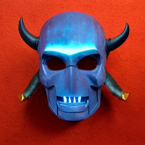 Image similar to celestial guardian, rgb emperor of hell mask, iron giant jaw, iron giant chin, horns, fangs, 8 k, rgb laser background