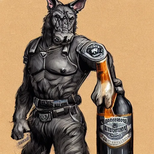 Image similar to a humanoid german shepherd beast - man in military style, holding a bottle of beer, artstation, concept art, smooth, sharp foccus ilustration, artstation