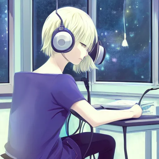 Prompt: high definition anime portrait of an anime girl with pastel colored hair sitting at a desk studying with headphones on, background is a window looking out into a busy Tokyo district, lo-fi art, masterpiece by Naoshi Arakawa, trending on artstation, sharp high quality anime, digital art, photoshop, proportionate, ambient lighting, clear facial festures