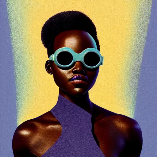 Image similar to Lupita Nyongo wearing opaque reflective goggles profile picture by Greg Rutkowski, brown skin, long afro hair, asymmetrical, futuristic, volumetric lights, cool colors, streetwear, studio ghibli, Organic Painting , Matte Painting, geometric shapes, hard edges, street art, trending on the artstation, fantasy LUT, realistic by Sachin Teng + Martin Grip + Moebius, techwear, Industrial Scifi, detailed illustration, character portrait,