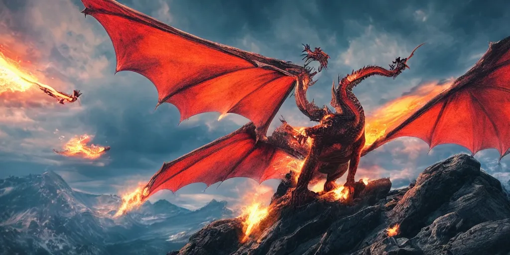 Prompt: One dragon with half open wings breathing fire on the top of a mountain, epic composition, detailed and intricate image, cinematic, 4K