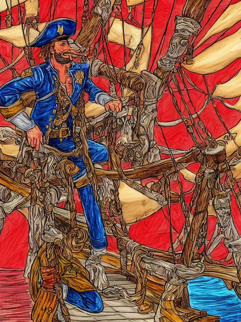 Prompt: a colorful detailed illustration of captain morgan drinking rum and barely holding on to the bowsprit of a pirate ship. long shot. digital art. captain morgan rum style.