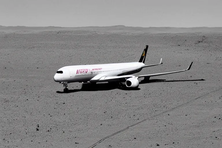 Prompt: “Airbus a350 plane taking off from Mars, 50mm”