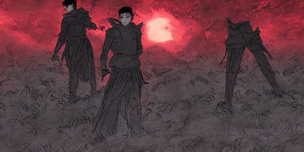 Prompt: guts from berserk standing in front of a grave during a crimson red rain, mourning the deaths of his comrades at dusk, 8k, devianart, depressive colors, cinematic