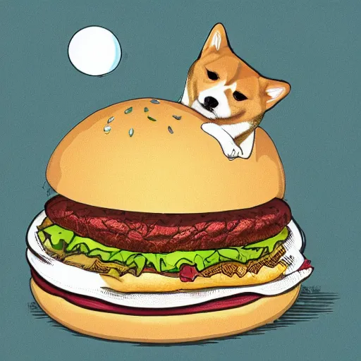 Image similar to a fortune-telling shiba inu reading your fate in a giant hamburger, digital art