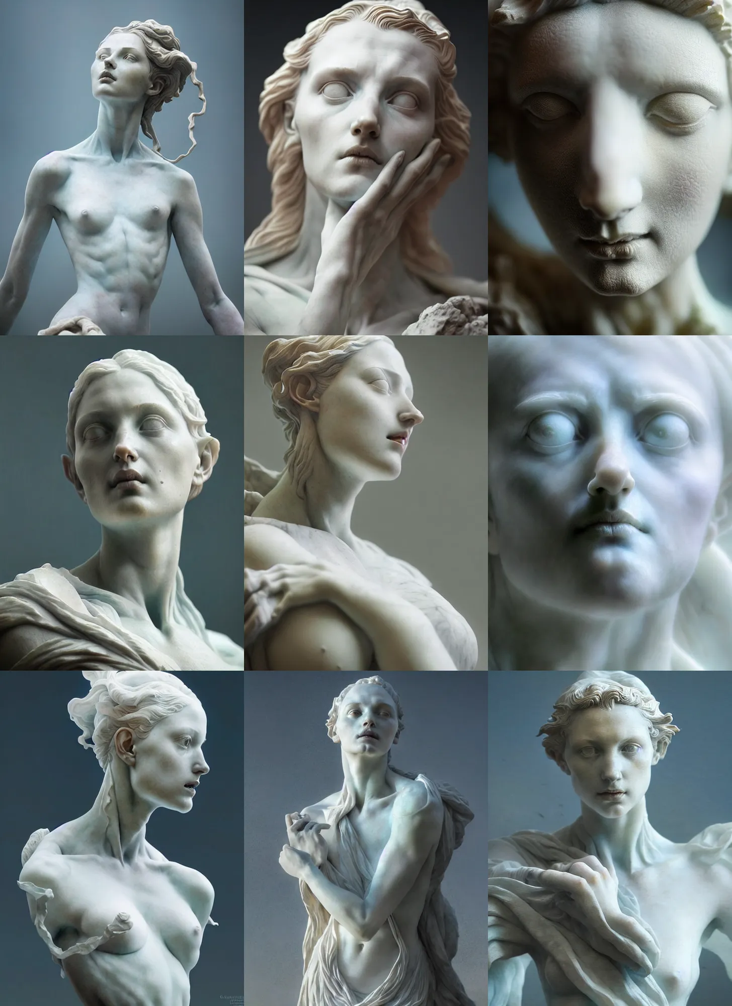 Prompt: beautiful closeup portrait of a ethereal statue of consciousness, marble sculpture by greg rutkowski, josan gonzalez, rodin, michelangelo, cinematography by christopher nolan, imaginative, creative, emotion : madness